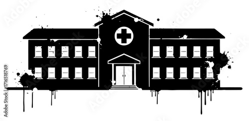 Grunge Hospital Building with Paint Splatter black shape vector laser cutting engraving monochrome print