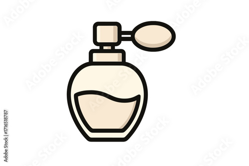 Vintage perfume bottle line icon with atomizer. Classic fragrance spray symbol. Luxury beauty and cosmetics concept. Elegant scent flacon vector. Glamour eau de toilette cartoon.