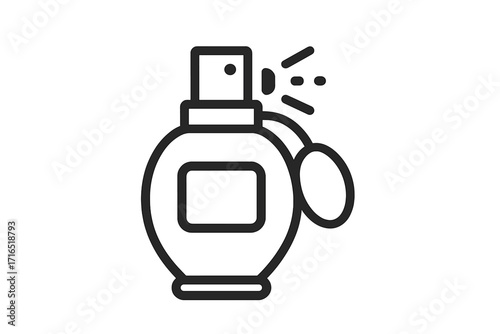 Perfume bottle line icon with vintage atomizer pump. Classic fragrance spray symbol for beauty and cosmetics. Eau de parfum vector illustration. Luxury glamour aroma concept.