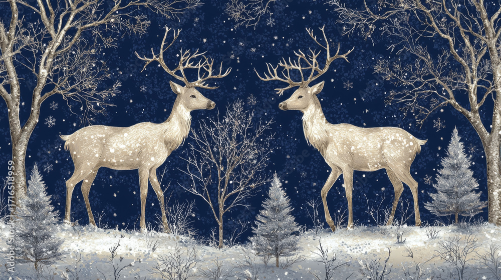 Fototapeta premium Winter deer standing in snowy forest under falling snow, peaceful nocturnal scene
