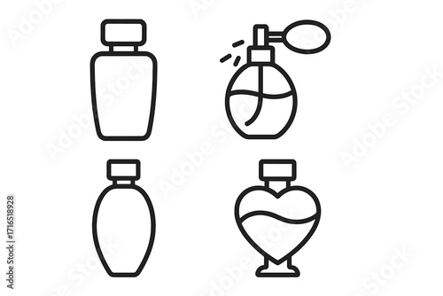 Vector perfume bottle outline icon set for beauty and cosmetics. Fragrance, scent, and aroma symbols. Glamour spray and atomizer pictogram for web design and mobile apps.