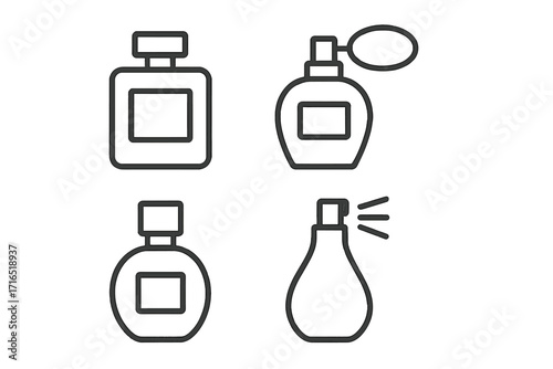Perfume outline icon set for graphic design. Fragrance, scent & cosmetic bottle symbols. Vector line art illustration for web, apps, adverts & beauty products marketing.
