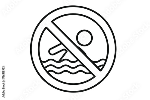No swimming symbol, prohibition sign with swimmer icon, forbidden water activities, safety warning vector, restricted swimming area illustration, public safety icon design, transparent background