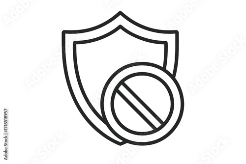 Shield with prohibited sign icon, security block symbol, forbidden access, protection denied illustration, vector outline design for graphics, apps, adverts, books