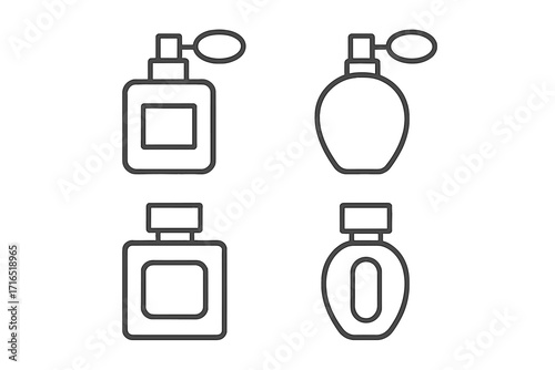 Perfume bottle line icon set. Vector symbols for fragrance, scent, and beauty products. Outline graphic elements for web design, apps, and cosmetics advertising. Simple spray bottle illustration.