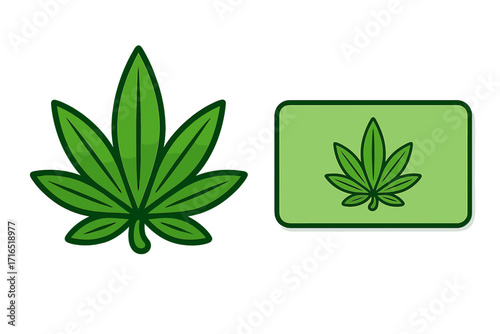 Cannabis leaf logo and business card design set. Green marijuana vector illustration for company branding. Medical hemp symbol icon for corporate identity. Isolated cartoon graphic.