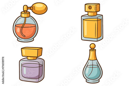 Set of colorful perfume bottles. Vector cartoon illustration. Fragrance spray and cosmetic beauty product collection. Isolated glass container icon set for graphic design.