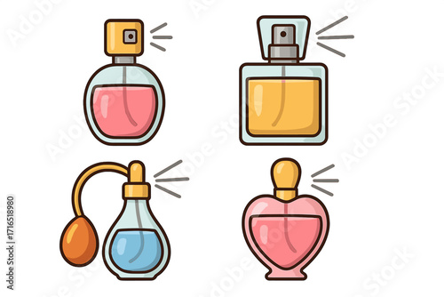 Perfume bottle icon set. Vector cartoon illustration of various cosmetic fragrance sprays. Glamour beauty product collection with heart shaped bottle and vintage atomizer.