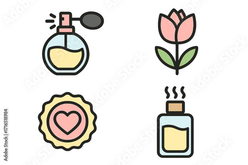 Perfume and fragrance line icon set. Vector cartoon illustration of atomizer bottle, tulip flower, heart label and aroma oil. Beauty, cosmetics and spa design elements.