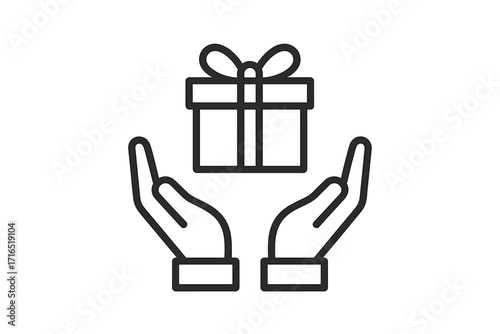 Giving a gift linear icon. Open hands holding a present box with a bow. Concept of donation, charity, volunteering, support. Loyalty program bonus or reward vector symbol.