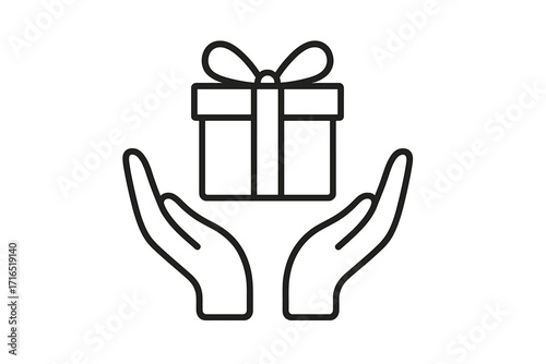 Giving a gift concept. Open hands holding a present box. Symbol for charity, donation, support, and care. Bonus or reward icon. Vector linear outline illustration.