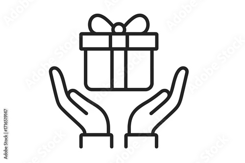 Hands holding gift box outline icon. Giving a present. Metaphor for charity, donation, care, support, bonus, rewards. Surprise, birthday, anniversary, holiday celebration.