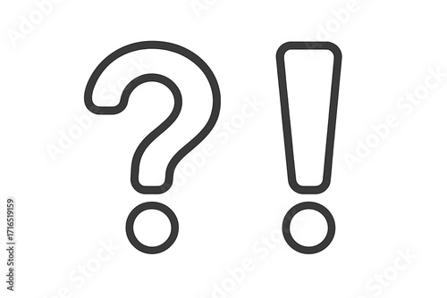 Question and exclamation mark outline icon set. Vector symbols for problem, solution, FAQ, help, support, and communication. Simple, clean design for web and apps.