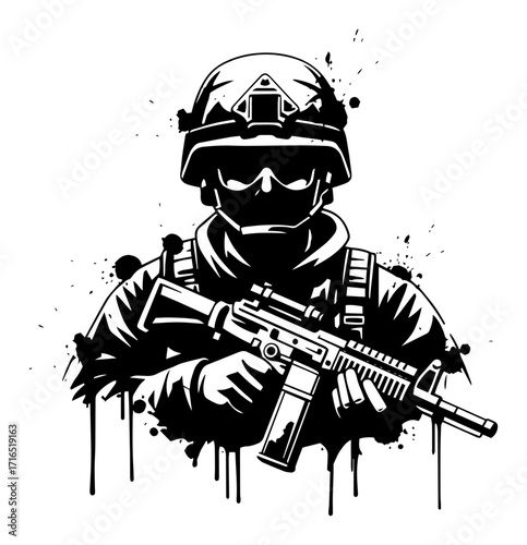 Modern Soldier in Tactical Gear Holding a Rifle Stencil black shape vector laser cutting engraving monochrome print