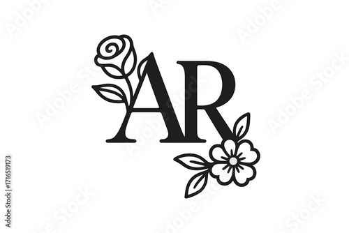 Elegant floral letter AR logo design. Wedding initial monogram with rose and flower decoration. Feminine alphabet typography for beauty brand, invitation card. Vector icon.