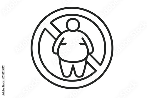 No Obesity Symbol, Prohibited Overweight Person Icon, Health Warning Sign, Weight Control Concept, No Fat Allowed, Body Health Awareness, Line Art Vector Graphic