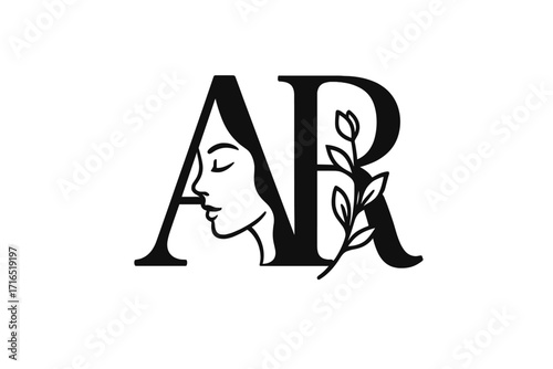 Elegant AR letter logo with woman face and leaf. Beauty salon, spa, cosmetics icon. Minimalist feminine monogram design. Natural skincare brand identity vector illustration.