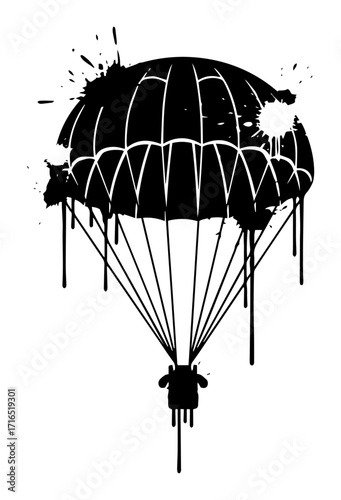 Military Parachute with Grunge Splatter Effect Black Shape Vector Laser Cutting Engraving Monochrome Print