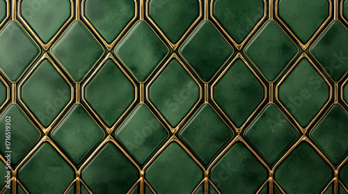Luxury green tile pattern with gold trim, elegant geometric texture and rich mood