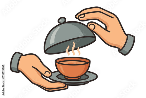 Hands serving hot soup in a bowl with a cloche. Restaurant service concept. Food presentation and fine dining illustration. Catering and gourmet meal vector cartoon.