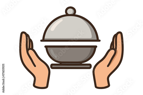 Hands holding serving cloche platter. Food service, restaurant catering concept illustration. Waiter or chef presenting a gourmet meal. Vector icon for menu, delivery, apps.