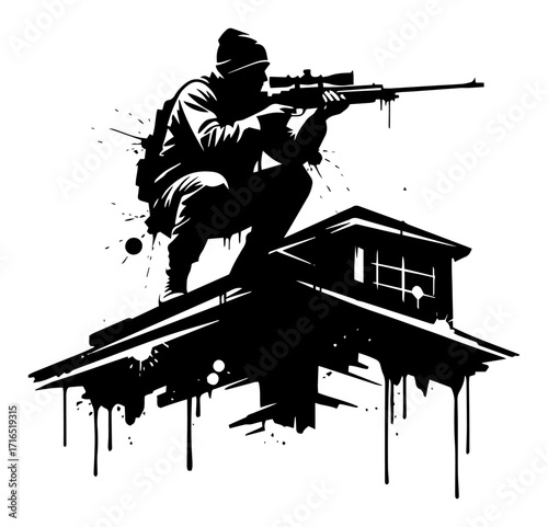 Sniper on a Rooftop with a Rifle Black Shape Vector Laser Cutting Engraving Monochrome Print
