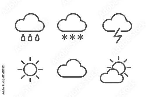 Set of minimalist weather forecast icons line art, rain, snow, thunderstorm, sunny, cloud symbols, linear pictograms for web design, apps, banners, social media graphics
