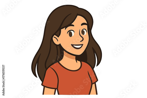 Happy young woman with long loose brown hair, smiling. Vector cartoon character illustration. Beautiful friendly girl portrait or avatar for business, web, or profile concept.