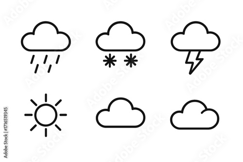 Set of Weather Forecast Line Icons Including Rain, Snow, Thunderstorm, Sun, and Cloud Minimalistic Linear Pictograms for Web Design, Apps, Banners, and Social Media Graphics