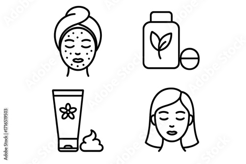 Skincare icons set with acne treatment, natural supplements, herbal cream, and clear skin woman face in outline style, cosmetic and beauty vector illustration for apps and adverts