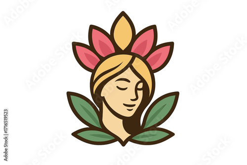 Woman face with flower crown logo for beauty salon or spa. Natural cosmetic brand identity concept. Wellness, femininity, and skincare vector illustration for elegant branding.