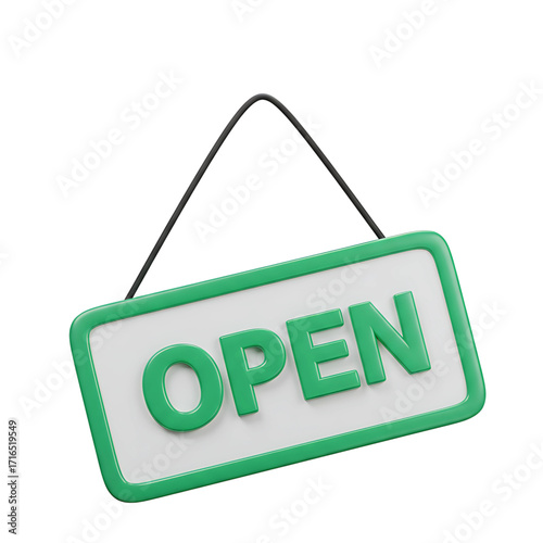 A 3D rendered image of a green and white open sign hanging by a black wire.