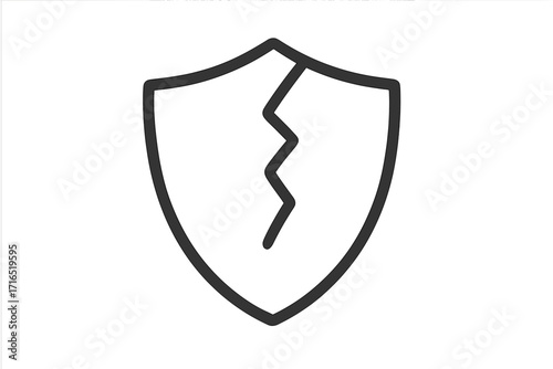 Cracked shield icon for vulnerability concept. Broken protection and weak defense metaphor. Symbol of security risk, data breach, unsafe system, cyber attack failure.