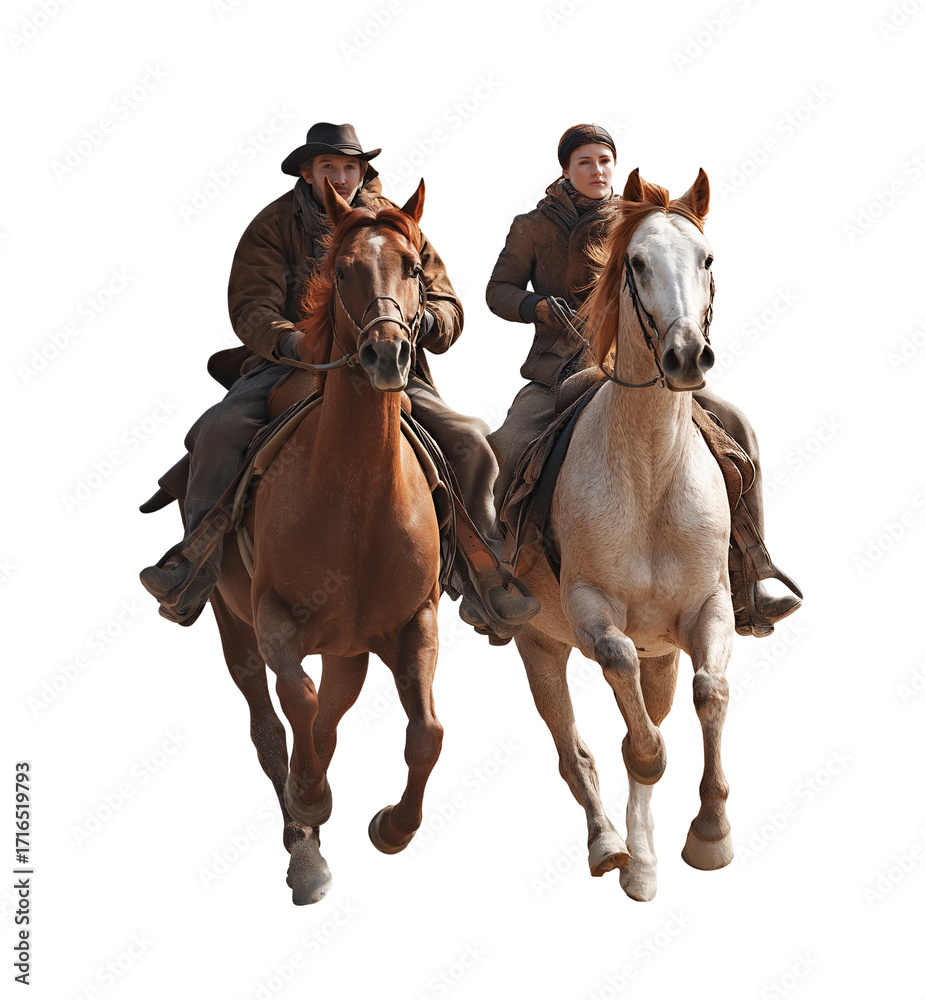 Obraz premium Horses with male and female riders isolated on White or transparent background Cutout PNG