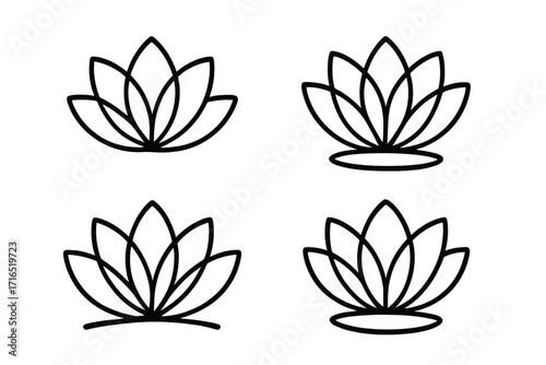 Lotus flower line art logo design set. Minimal vector icon collection for yoga, spa, beauty. Symbol of wellness, harmony, spiritual growth. Nature plant pictogram.
