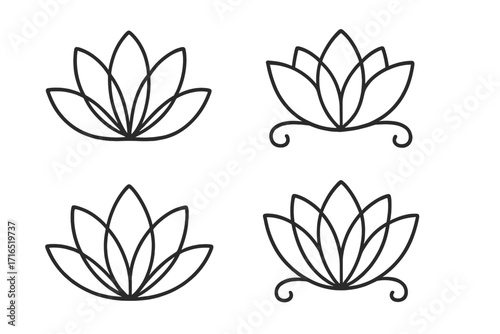 Lotus flower logo icon set. Line art vector. Minimal design for yoga, spa, beauty. Wellness symbol. Meditation, relax, zen concept. Nature floral element. Harmony.