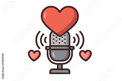 Love story podcast logo design. Vector cartoon illustration of a microphone with hearts for dating show or relationship advice. Audio broadcast icon for romance and communication.