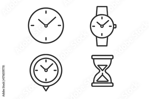 Simple linear time icons collection with clock, wristwatch, wall clock, and hourglass. Editable stroke vector illustration perfect for websites, apps, books, cards usage.