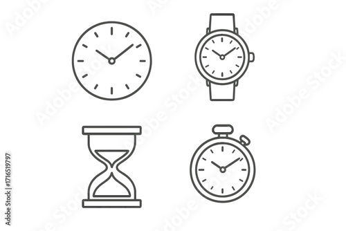 Time icons set with clock, wristwatch, hourglass, and stopwatch. Editable stroke vector illustration for UI, apps, placards, books, websites, cards, and digital projects.