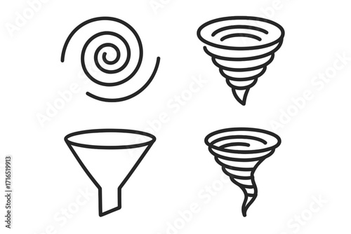 Modern outline style vortex and funnel icons set, spiral whirlwind and funnel symbols for design, apps, social networks, vector cartoon illustration with transparent background