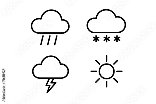 Weather forecast line icon collection with rain, snow, thunderstorm, sun and cloud. Minimalistic linear vector pictograms for web, apps, graphic design, banners, social media, and digital use