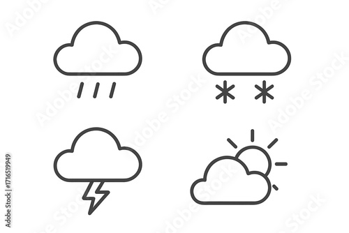 Weather forecast outline icons collection with rain, snow, thunderstorm, sun, and cloud symbols, minimalistic linear web and graphic design pictograms for apps, banners, digital projects