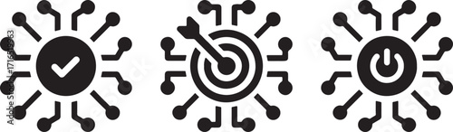 icon, symbol, technology, network, connection, circuit, data, digital, checkmark, tick, target, dartboard, bullseye, power button, on off, circle, round, graphic, design, element, business, strategy, 