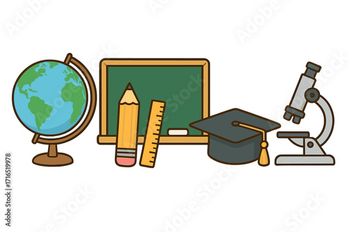 Education and learning concept with school supplies. Vector icons of a globe, chalkboard, pencil, ruler, microscope, and graduation cap. Back to school or university theme.