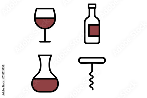 Minimalistic linear wine icons set with red wine glass, bottle, decanter, and corkscrew. Simple vector cartoon illustration for web design, apps, banners, social media graphics.