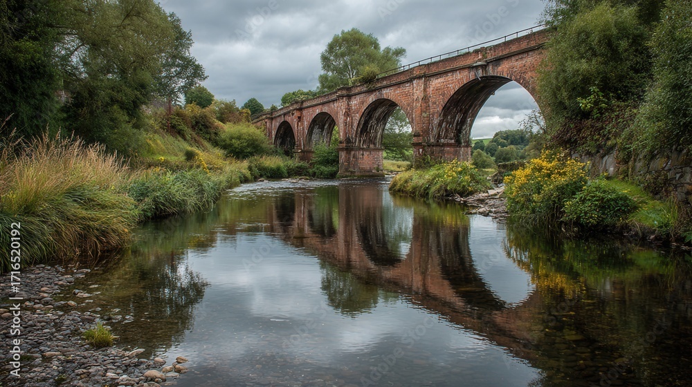 Fototapeta premium Rust brick bridge over reflective water at sunset