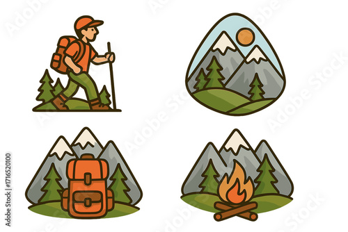 Hiking camping adventure icon set. Hiker trekking in mountains. Outdoor nature exploration logos. Backpack, campfire, forest landscape. Travel tourism vector illustration pack.