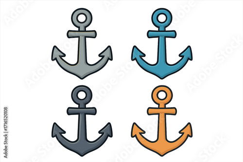 Anchor vector icon collection. Flat cartoon marine symbol set for graphic design. Nautical boat and ship equipment concept. Navy sea travel sign. Maritime logo element.