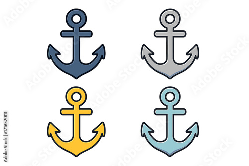 Anchor icon set vector illustration. Colorful flat cartoon collection of nautical marine symbols for sea and ocean travel. Simple graphic element for logo, boat, or ship design.