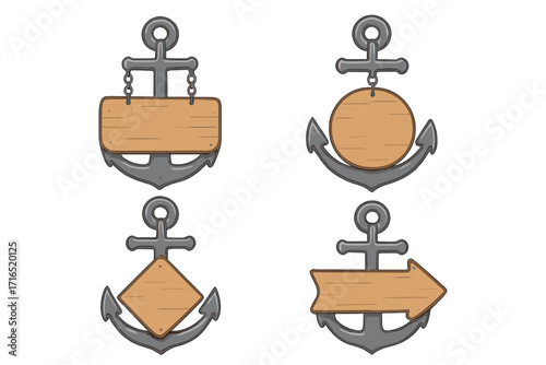 Anchor with wooden sign set. Nautical banner collection. Marine sailor retro frame with space for text. Sea and ocean symbol. Vintage boat and ship vector icon.